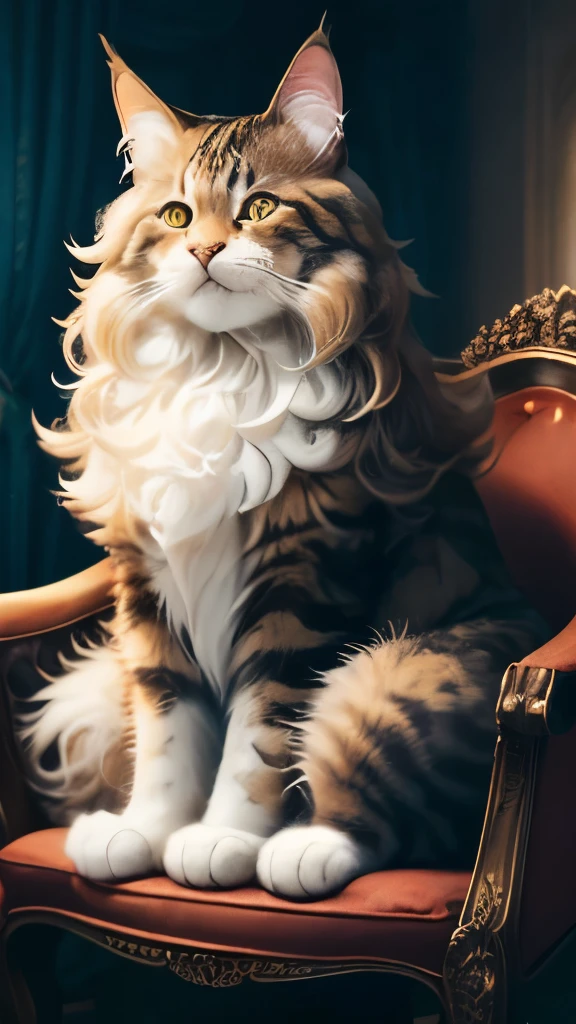 there is a cat that is sitting on a chair with its paws on the back, maine coon, fluffy ears and a long, anthropomorphic large maine coon, soft and fluffy, outrageously fluffy, serious looking mainecoon cat, doing a hot majestic pose, a handsome, with pointy ears, super fluffy, soft and detailed, well proportioned