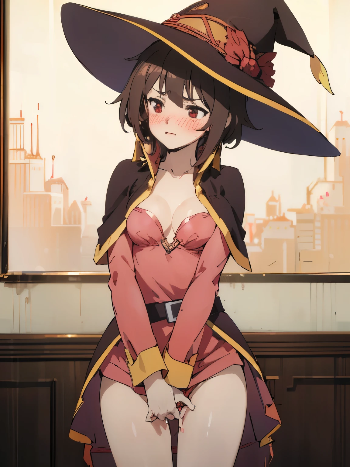 There was one girl with shiny skin, sexyposture,best qualtiy,tmasterpiece,(Photorealsitic:1.4),breast enhancement,reality,offcial art,The 8k quality,Super Detail,Fine detail skin,Movie angle,Cinematic textures,Movie Lighting,masutepiece,The highest image quality,1 girl,Vermilion lips,hair messy,pantyshot,Big Mimi,crisp breasts,1girll,((cleavage)), ((blushing)), brown hair, (((blush))), ((bra)), cape, cleavage, (((((small breasts))))), belt, long sleeves, sweat, short hair, ((witch hat)), red eyes, (looking down), strongly embarrassed, (((masturbation))), ((((pussy))))