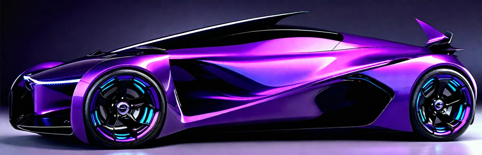 Close-up of a futuristic car，Purple wheels on black surface, Zaha Hadid octane highly render, Concept cars, aerodynamics车身, concept automobile design, Cars painted with holographic paint, concept ar, aerodynamics, Web portals. Zaha Hadid, futuristic Concept cars, Ultra Detailed, futuristic product car shot, Concept cars design, aerodynamics设计, Side perspective