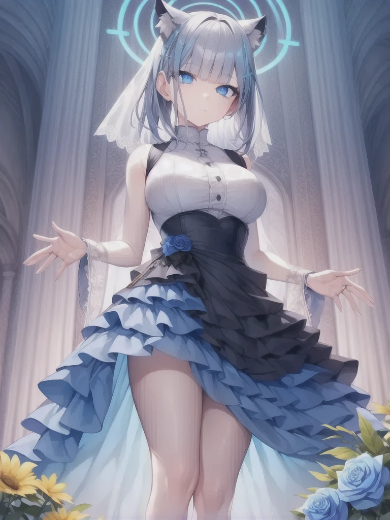 A girl，short hair, Bangs, White hair, Hair between the eyes, (Blue Eyes:1.5),  (Large Breasts:1.2), 
rest  锁骨, Wedding dress，veil，wedding，White dress，Flowers，Broken skirt，White socks，Tights，White knee socks，
looking at viewer, whole body,
indoors, church，Standing，Standing，
rest (masterpiece:1.2), best quality, high resolution, Unity 8k Wallpaper, (illustration:0.8), (Beautiful and delicate eyes:1.6), Extremely detailed face, Perfect lighting, Extremely detailed CG, (Perfect hands, Perfect anatomical structure),