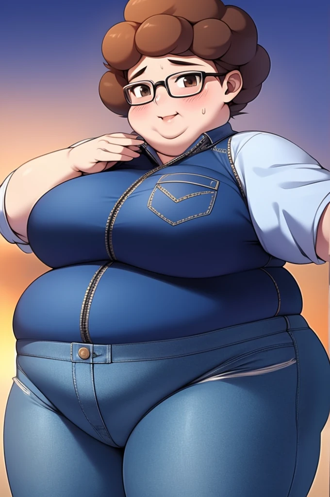 Anime Girls, Brown Hair, Forehead、Short Hair、Curly hair、Afro、Glasses、Brown eyes, Are fat、Chubby、Voluptuous、obesity、Double chin、Fat-covered neck、Denim jumpsuit、Jumper、Sweat、blush