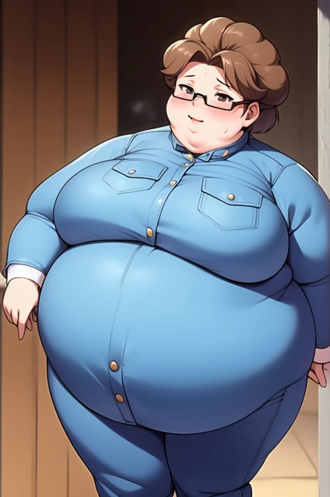 Anime Girls, Brown Hair, Forehead、Short Hair、Curly hair、Afro、Glasses、Brown eyes, Are fat、Chubby、Voluptuous、obesity、Double chin、Fat-covered neck、Denim jumpsuit、Jumper、Sweat、blush