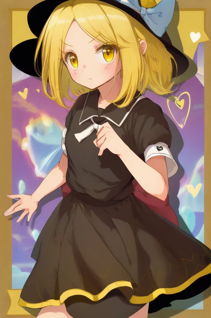 1girl, , , masterpiece, best quality, 10 years old, medium blonde hair, forehead visible bags, yellow eyes, hat, heart, black headwear, puffy short sleeves, log black skirt, heart hads,,1girl, solo, yellow eyes, yellow hair, bow, hat bow, socks, black footwear, black skirt, short sleeves, yuki (touhou), black vest, white sleeves, frill skirt, light smile