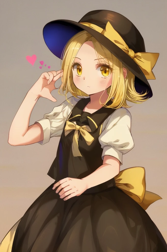 1girl, , , masterpiece, best quality, 10 years old, medium blonde hair, forehead visible bags, yellow eyes, hat, heart, black headwear, puffy short sleeves, log black skirt, heart hads,,1girl, solo, yellow eyes, yellow hair, bow, hat bow, socks, black footwear, black skirt, short sleeves, yuki (touhou), black vest, white sleeves, frill skirt, light smile