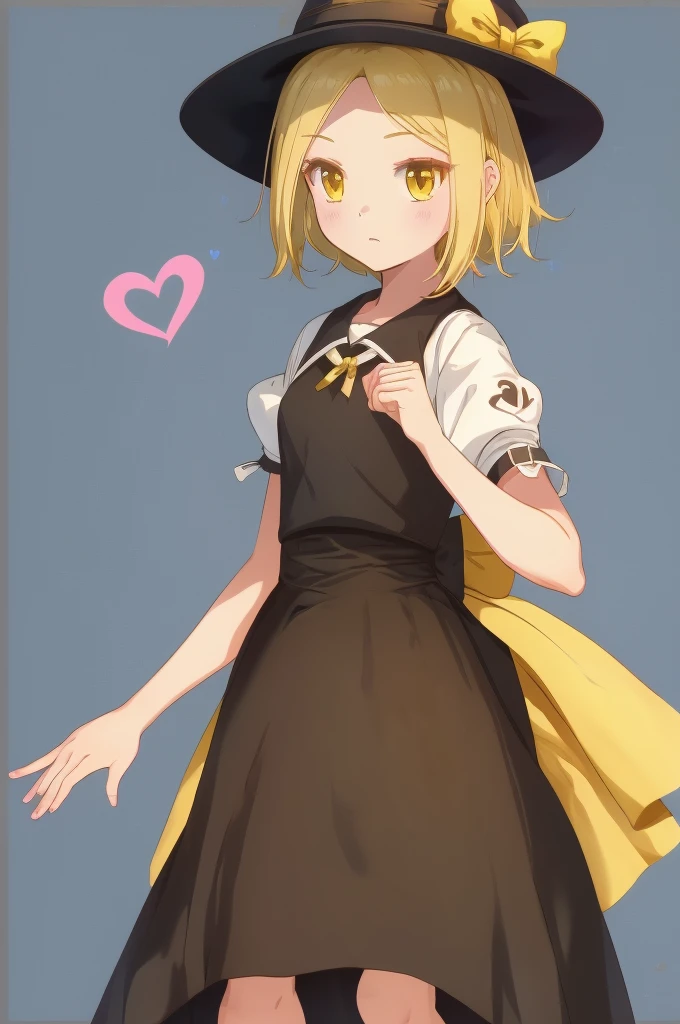 1girl, , , masterpiece, best quality, 10 years old, medium blonde hair, forehead visible bags, yellow eyes, hat, heart, black headwear, puffy short sleeves, log black skirt, heart hads,,1girl, solo, yellow eyes, yellow hair, bow, hat bow, socks, black footwear, black skirt, short sleeves, yuki (touhou), black vest, white sleeves, frill skirt, light smile