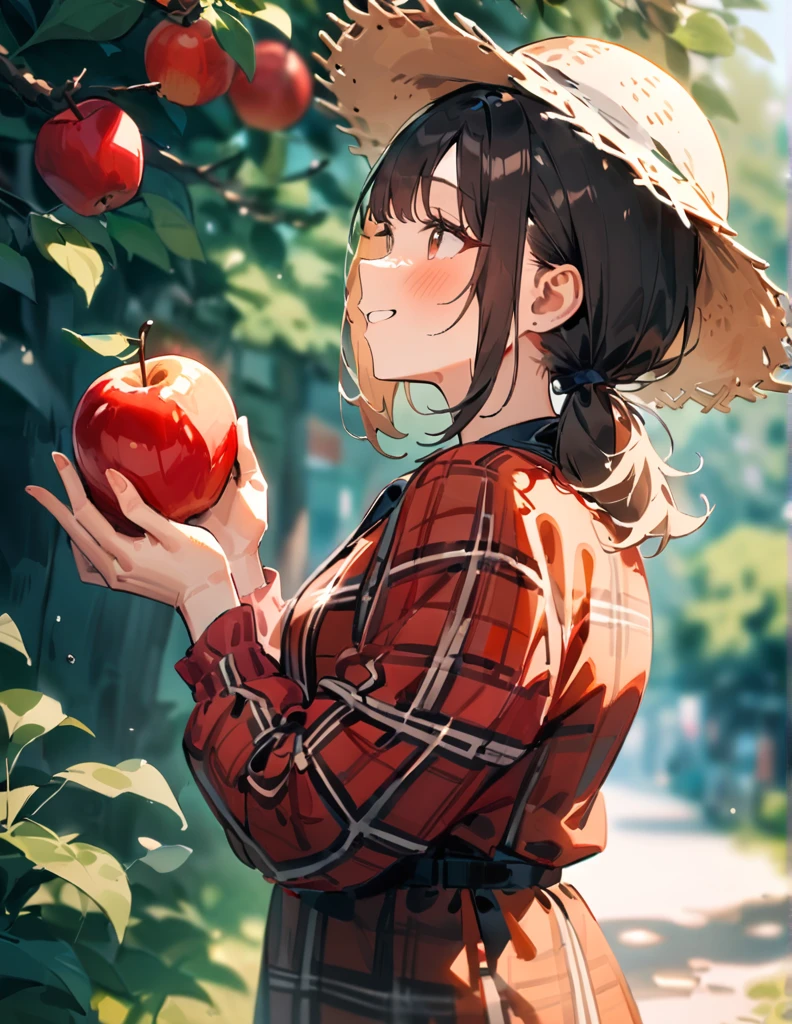 Masterpiece, best quality, very beautiful, nonsense, newest, 1 girl, alone, low ponytail, brown eyes, brown hair, straw hat, Plaid shirt, long sleeve, smile a little, Holding, upper body, outdoor, Chapped lips, food, day, Blurry, from the side, tree, fruit, depth of field, Blurry background, leaf, sunlight, Holding food, search, apple, branch, Holding fruit