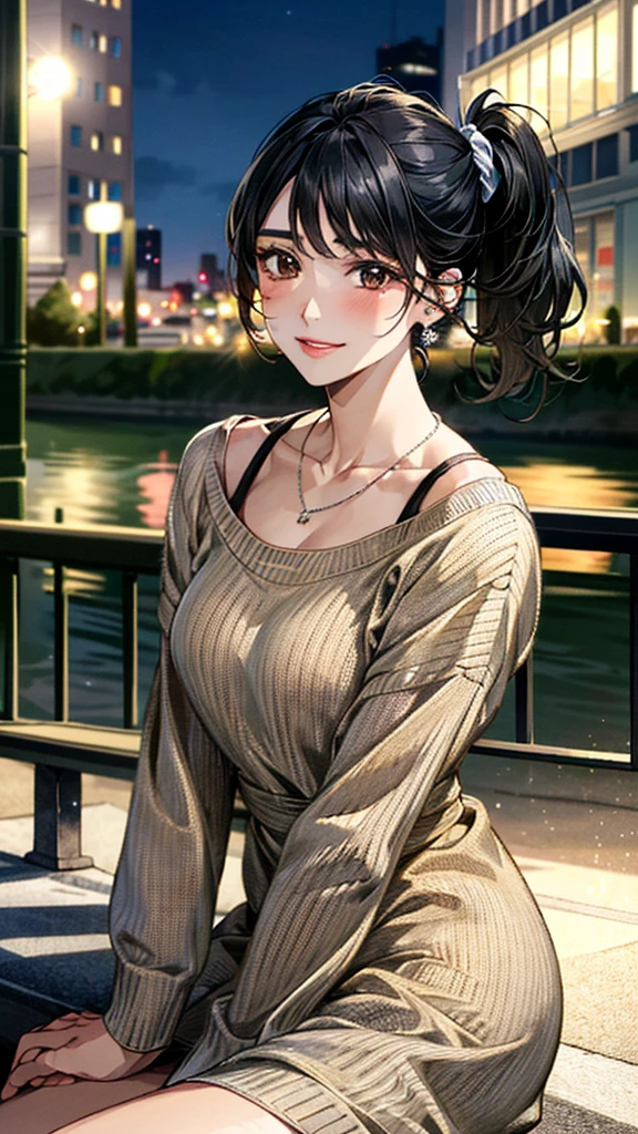 (masterpiece:1.3, Highest quality, Ultra-high resolution, Super detailed), (Realistic, photoRealistic:1.4), Beautiful illustrations, Perfect lighting, colorful, Depth of written boundary, Beautiful detailed hair, Beautifully detailed face, Beautiful fine details, Droopy eyes、Beautiful clavicle, Beautiful body, 美しいLarge Breasts, Beautiful thighs, Beautiful feet, Beautiful fingers, View Viewer、Front view:0.6, Beauty1人, Japanese, Beauty、30 years old, Perfect Face, (Perfect ???????, Anatomically correct), Cute and symmetrical face, Baby Face, , Shiny skin, (Khaki long sleeve knit A-line dress:1.4) (Black Hair, Side Ponytail:1.4), braided bangs、Dark brown eyes, Large Breasts, Slim body, necklace, Small earrings:1.1, (Beautiful views), (night), (city, cityscape in the distance), Riverside、Sitting on a bench, A soft smile、(Smile, Lips parted),