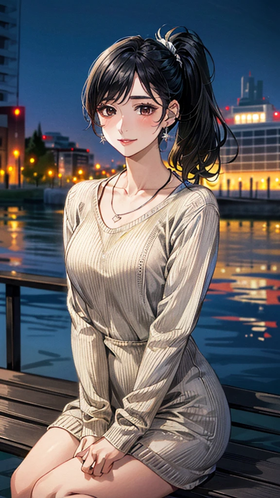 (masterpiece:1.3, Highest quality, Ultra-high resolution, Super detailed), (Realistic, photoRealistic:1.4), Beautiful illustrations, Perfect lighting, colorful, Depth of written boundary, Beautiful detailed hair, Beautifully detailed face, Beautiful fine details, Droopy eyes、Beautiful clavicle, Beautiful body, 美しいLarge Breasts, Beautiful thighs, Beautiful feet, Beautiful fingers, View Viewer、Front view:0.6, Beauty1人, Japanese, Beauty、30 years old, Perfect Face, (Perfect Anatomy, Anatomically correct), Cute and symmetrical face, Baby Face, , Shiny skin, (Khaki long sleeve knit A-line dress:1.4) (Black Hair, Side Ponytail:1.4), braided bangs、Dark brown eyes, Large Breasts, Slim body, necklace, Small earrings:1.1, (Beautiful views), (night), (city, cityscape in the distance), Riverside、Sitting on a bench, A soft smile、(Smile, Lips parted),