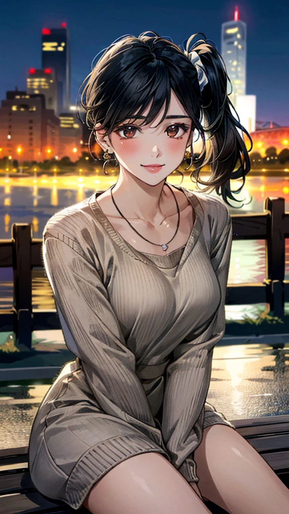 (masterpiece:1.3, Highest quality, Ultra-high resolution, Super detailed), (Realistic, photoRealistic:1.4), Beautiful illustrations, Perfect lighting, colorful, Depth of written boundary, Beautiful detailed hair, Beautifully detailed face, Beautiful fine details, Droopy eyes、Beautiful clavicle, Beautiful body, 美しいLarge Breasts, Beautiful thighs, Beautiful feet, Beautiful fingers, View Viewer、Front view:0.6, Beauty1人, Japanese, Beauty、30 years old, Perfect Face, (Perfect Anatomy, Anatomically correct), Cute and symmetrical face, Baby Face, , Shiny skin, (Khaki long sleeve knit A-line dress:1.4) (Black Hair, Side Ponytail:1.4), braided bangs、Dark brown eyes, Large Breasts, Slim body, necklace, Small earrings:1.1, (Beautiful views), (night), (city, cityscape in the distance), Riverside、Sitting on a bench, A soft smile、(Smile, Lips parted),