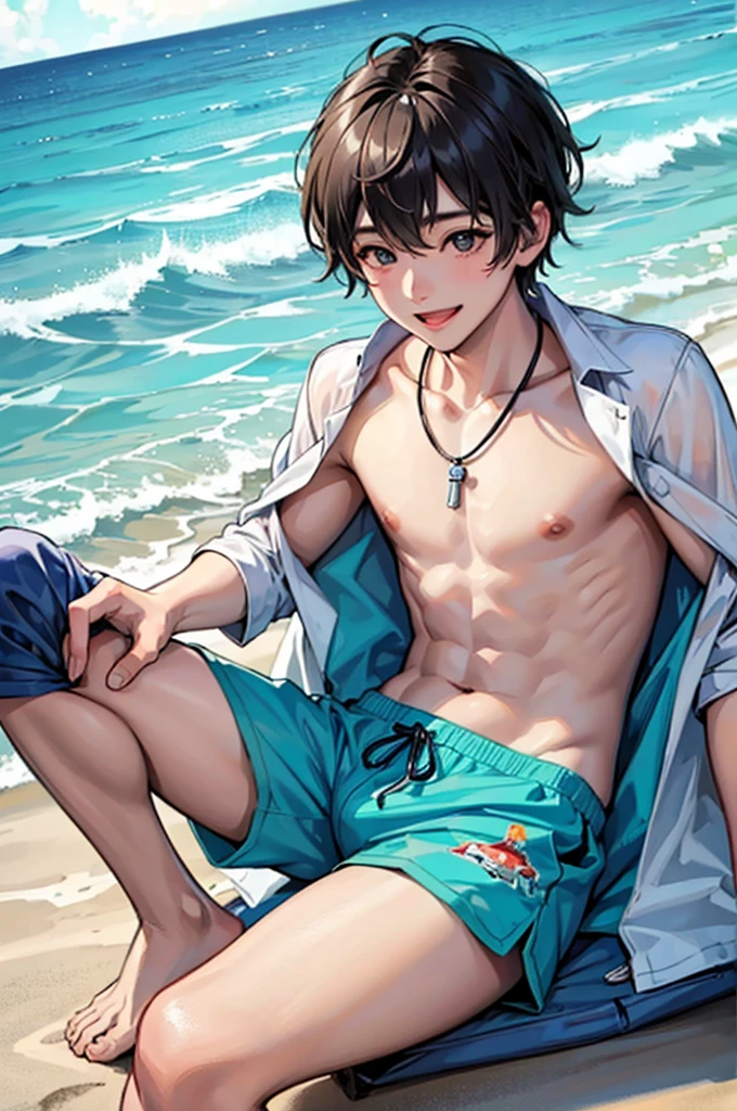 (Highest quality), (Super detailed), two beautiful boys、Charm、 Boy、Shota、More than one person、Playing in the sea、Swim trunks、smile、Beach ball、Flirting、Love love、Boys Love
