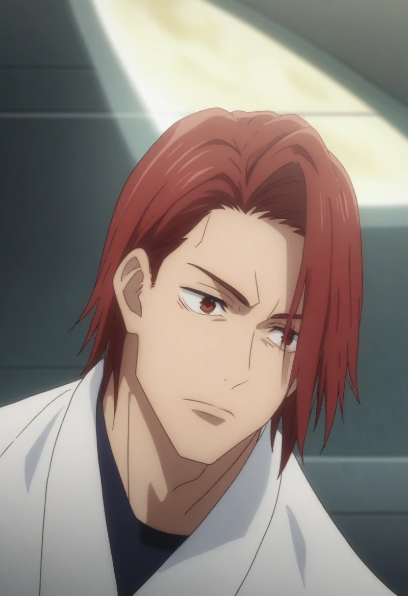 score_9, score_8_up, score_7_up, source_anime, rating_safe, , anime screencap, anime coloring, , , , depth of field, 1boy, dark red eyes, red hair slicked back, masculine and fit,Toji Fushiguro, solo, Space western, jujutsu_kaisen_style, 