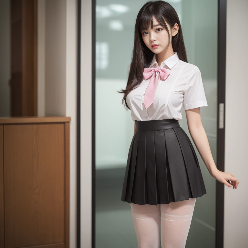 (Half),(Underwear visible),(8K、RAW photography、Top quality、masterpiece:1.2),charm,Fair skin,Watch the audience,Looking ahead,student,1 girl、Young and beautiful、18 years old、White skin,knee,((Black pantyhose)),Long hair、Black Hair、Ponytail、(extremely huge breast:4.0)、show forehead、masterpiece,Top quality、Ultra-high resolution、RAW,JK ,Standing,(Photorealistic:1.37)、Practical、Cute little face,Black socks、(Pink bow tie)、Physically Based Rendering、Depth of Field、Blurred background、photo,Body,, Long legs, Thin legs,,(White short-sleeved shirt), (Pink pleated skirt), knee可见,Transparent clothing,