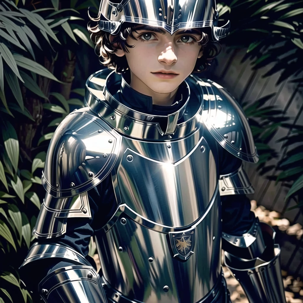 10 year old arafed boy in a knight costume standing in front of a forest, dressed as a knight, finn wolfhard, covered in full metal armor, dressed in armor, in armor, wearing knight armor, posing like a knight, wearing shiny breastplate, wearing shining plate armor, shining armour made of steel, timothee chalamet, rebecca sugar, knight
