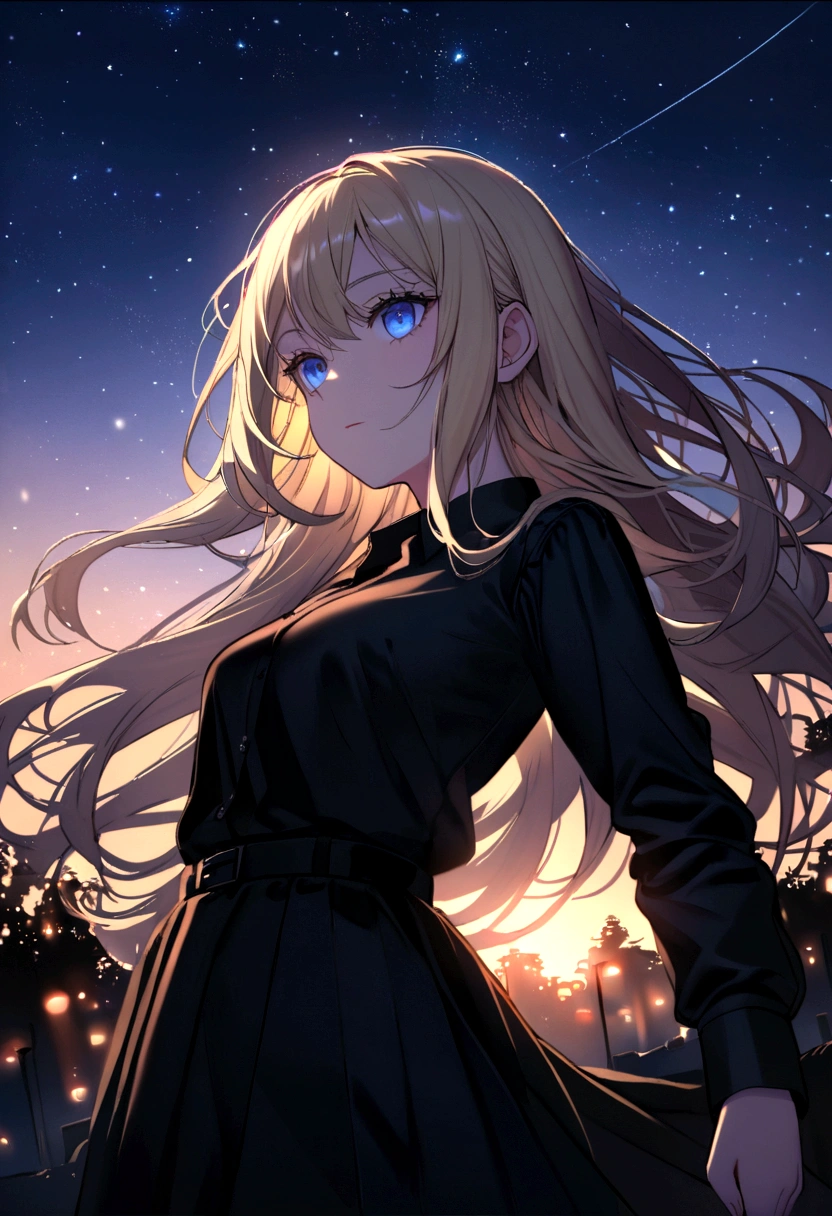 (Highest quality)facial details,pair,Half body girl, long hair, blue sky, blue eyes, black suit shirt, black skirt.,Teenage woman, light blonde long hair, blue eyes, black suit shirt, black skirt, Beautiful morning light(Detailed background  (little light pollution))
