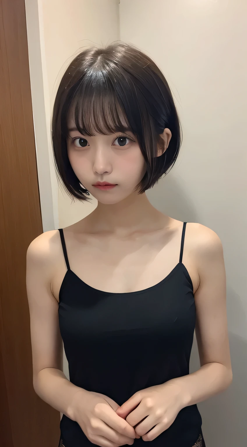 sexy camisole、Dark Room、bed、Embarrassed face、Short hair with bangs