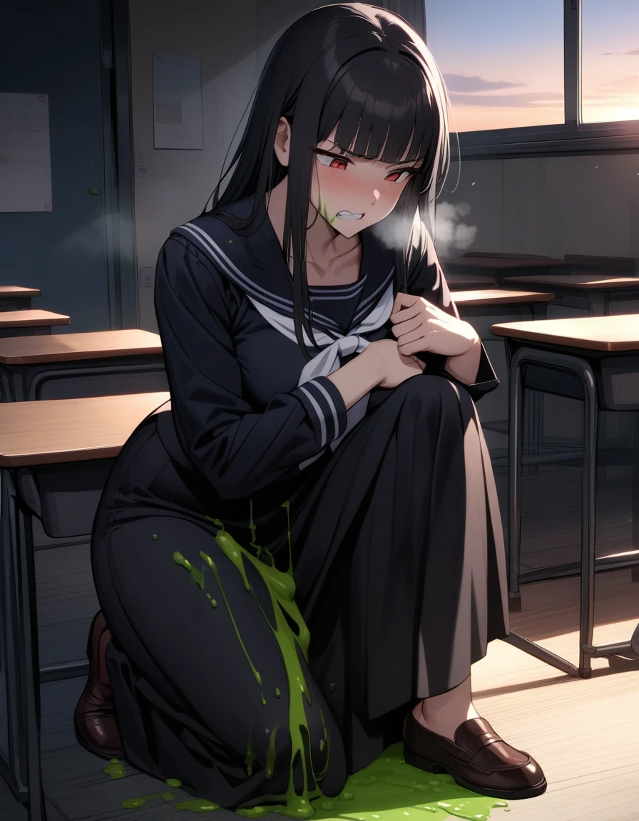 (masterpiece,best quality,very aesthetic),(ultra-detailed),,(atlach-nacha,degenerate),1girl,20yo,Statuesque,curvy,tall,long hair, black hair,straight hair,(blunt bangs),beautiful red eyes,clenching teeth,sentimental,Abdominal injury,look down on with disdain,black serafuku in winter,long sleeves,(long skirt),white ribbon tie,torn clothes,(Green blooing from side,Green blood comrom shoulder),painful,heavy breathing,holding own chest with right arm,classroom,standing,on one knee,leaning forward,dusk sky,leather shoes,The setting sun is shining in the classroom,debris,solo,looking down,cowboy shot