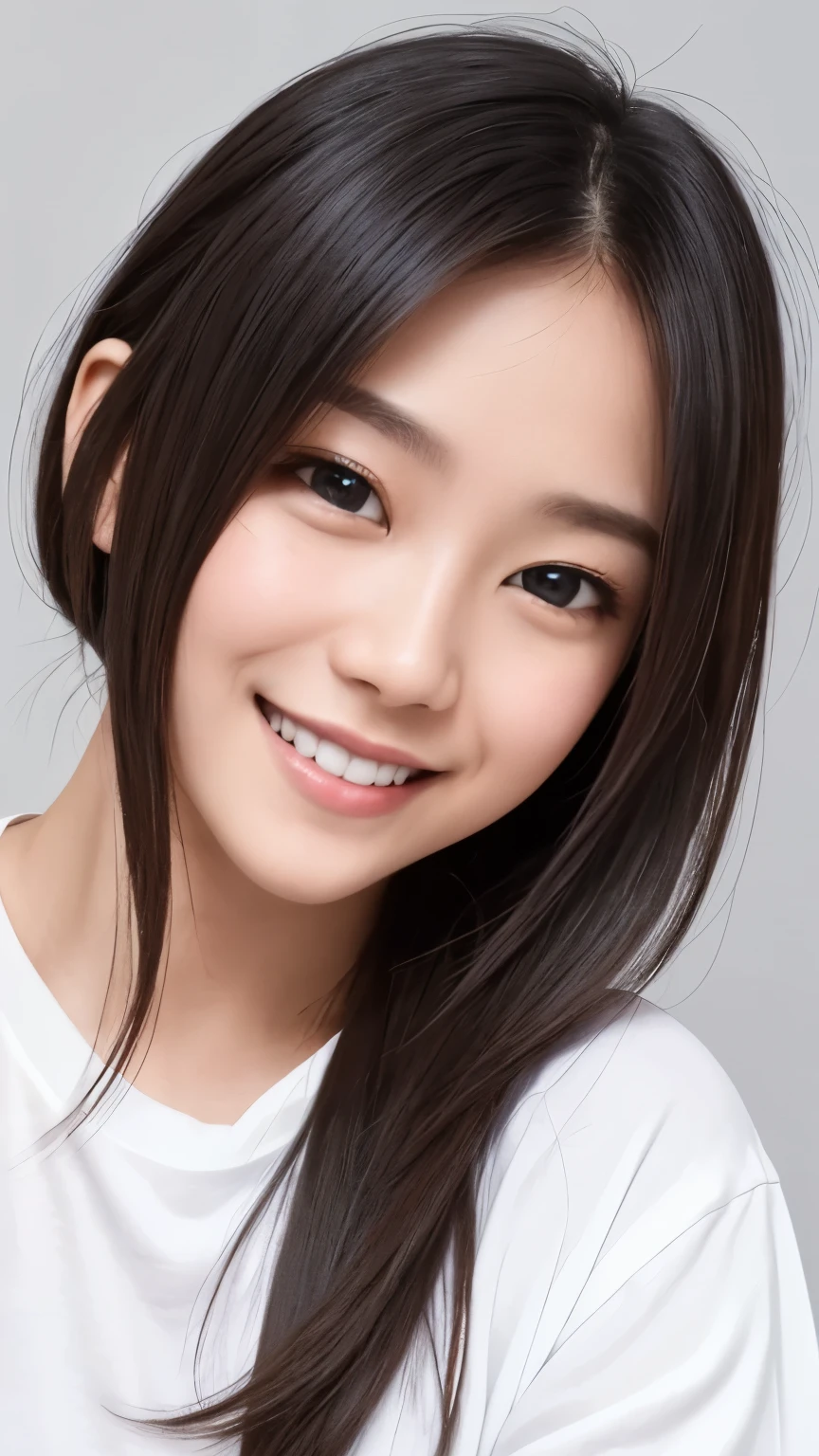 A man wearing a loose, crisp white T-shirt is looking straight into the camera, Looking at the one you love and smiling, The background is a plain gray gradient, Close-up