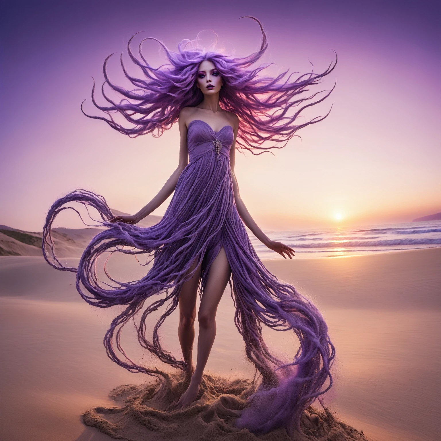 In a surreal beach sunset, a nightmare creature with flowing lavender hair and shadowlike limbs rises from the sands.