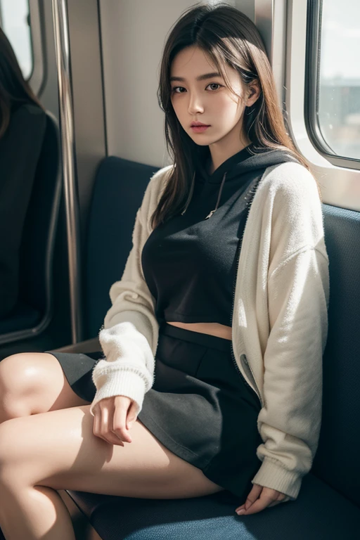 "(Masterpiece, High Definition, Ultra High Definition, 4K)japan couple, Black hair, 20 years old japan boy wearing black hoodie, 18 years old Japan girl, uniform skirt, emphasizing thighs, white thighs, soft thighs, glossy thighs, sitting on the train, face-to-face angle, (angle from below),sitting in the train seat,Sitting in front,Zoom camera in the crotch,Feet on the train floor,Full body,Looking down and sleepy,Looking at the viewer only", best quality, ultra high definition, (photorealistic:1.4),, high resolution, detail, raw photo, sharp re, Nikon D850 film stock photo by Lee Jefferies 4 kodak portra 400 camera f1.6 lens rich colors hyper realistic lively textures dramatic lighting unreal engine artstation trends cinestir 800,