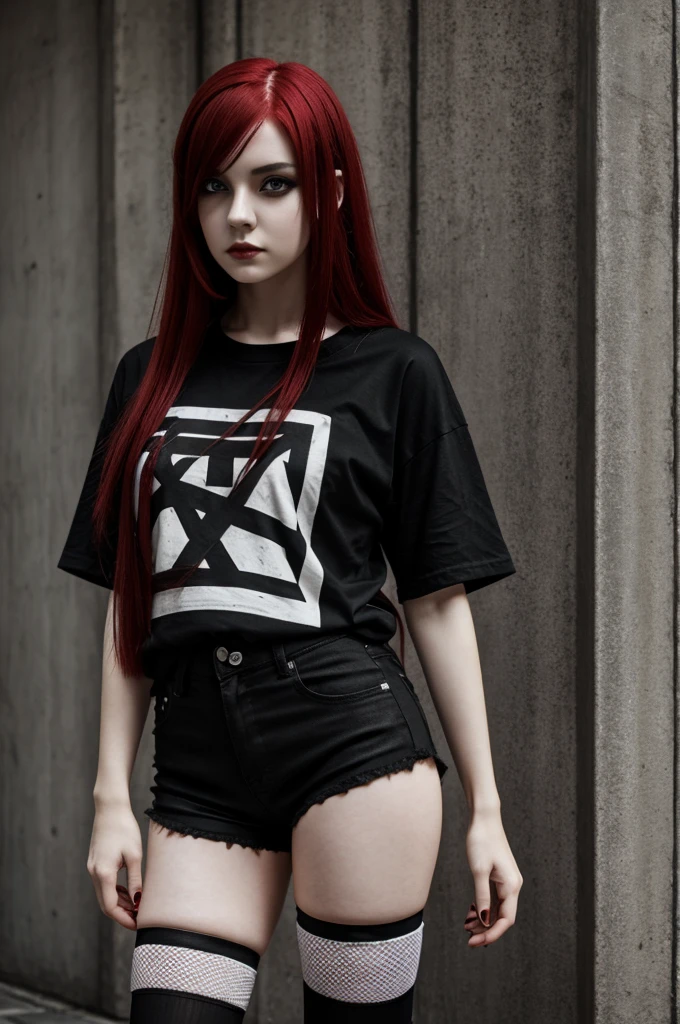 metal girl, gothic, white skin, black eyes, red hair, shorts, stockings, oversized t-shirt