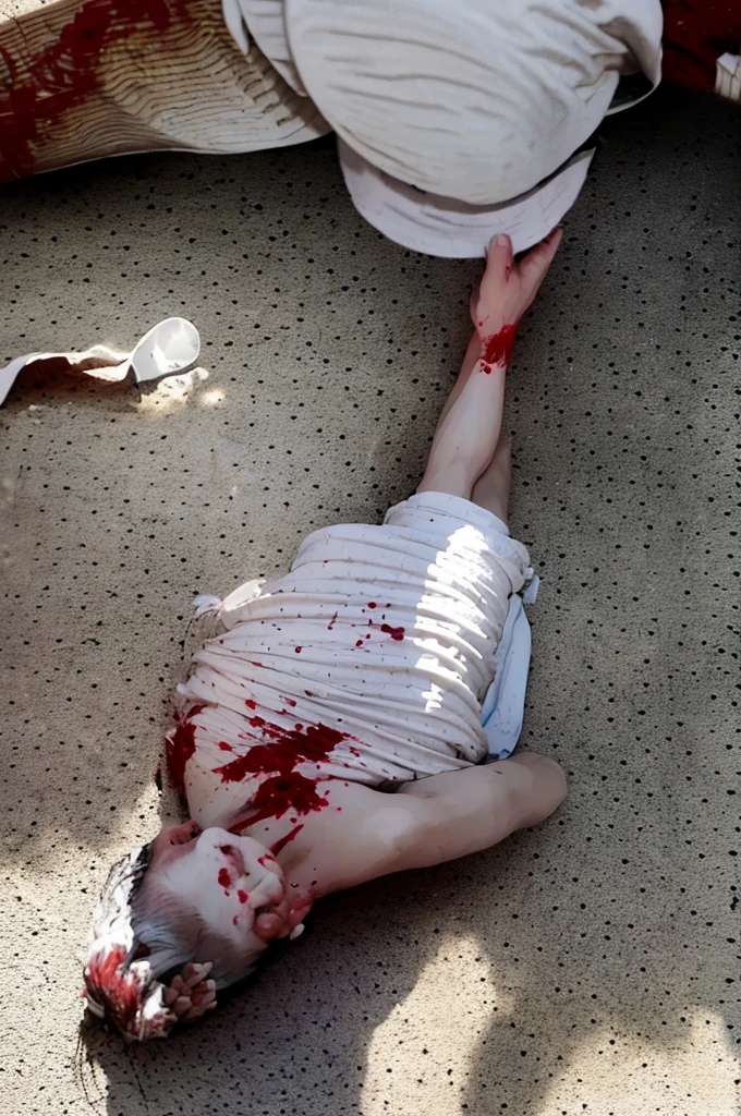 A indian Villen on bloody clothes and Bloody hands Holding up a Bloody Machete Over The Standing Goat neck and blood is all over on Ground written Eid Mubarak on Ground By Blood