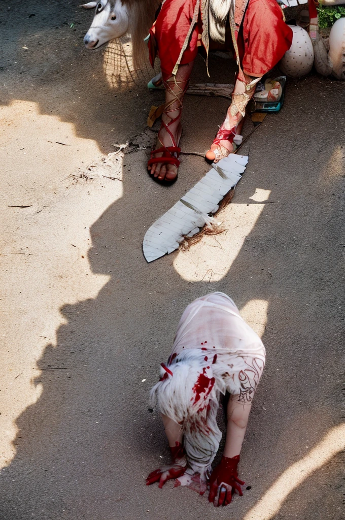 A indian Villen on bloody clothes and Bloody hands Holding up a Bloody Machete Over The Standing Goat neck and blood is all over on Ground written Eid Mubarak on Ground By Blood