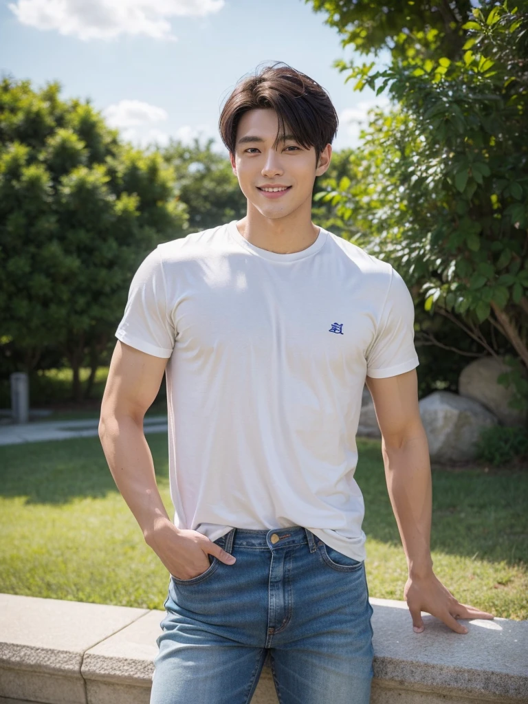 The 28-year-old refreshing and handsome korean man, jeans, sneakers, smile,(real photos)(Natural light on face)、korean 28-year-old man, white t-shirt, muscular、(top quality)、Super detailed、(masterpiece)、 Ultra high quality、(masterpiece)、Ultra high quality、very beautiful hair、bright photos、As handsome as a model、As handsome as an ido