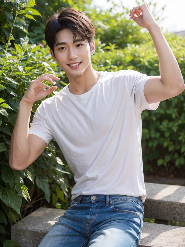 The 28-year-old refreshing and handsome korean man, jeans, sneakers, smile,(real photos)(Natural light on face)、korean 28-year-old man, white t-shirt, muscular、(top quality)、Super detailed、(masterpiece)、 Ultra high quality、(masterpiece)、Ultra high quality、very beautiful hair、bright photos、As handsome as a model、As handsome as an ido