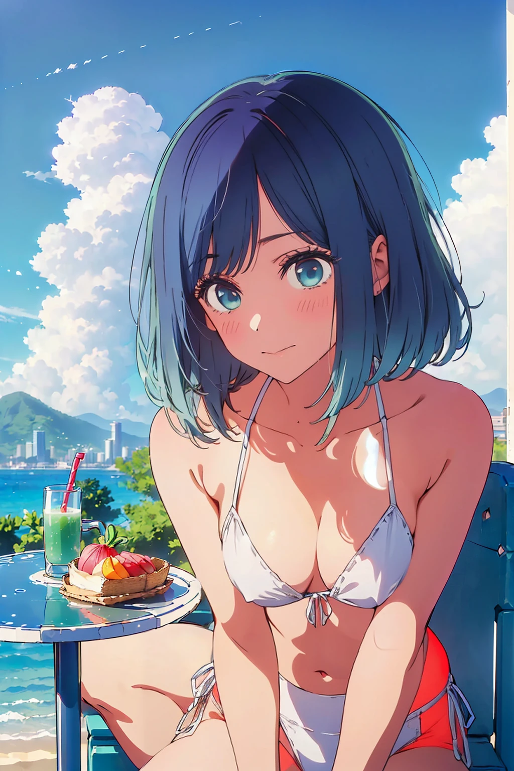 Highest quality,8k,detailed,F cup bust、Big Breasts、Slim and beautiful arms、Slim body、Very white beautiful skin、((((1 person、smile、Swimwear、smile、sit、Chair、In the background are the urban buildings of Tokyo、Outdoor café terrace、coastal、Navy hair color、juice、table、Cheek resting on hand、She is wearing a white side-string high-leg bikini、Looking up、Shooting up close、Very cute face))))、Sexy pose、Very blue sky、A completely cloudless sky、She tilted her head slightly、The atmosphere is bright and lively、The woman is at the center of the image。