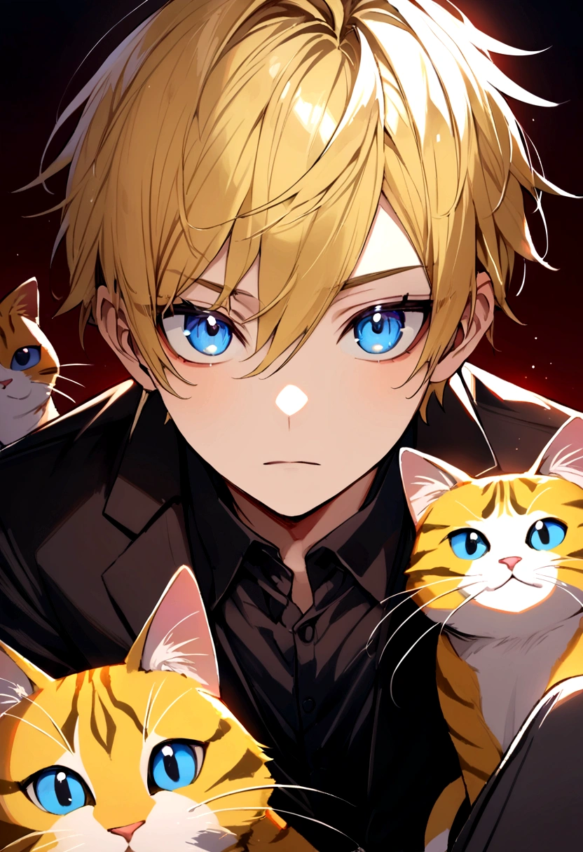 (Highest quality)(1 age male,single,golden hair,blue eyes ,Black suit shirt,Turn to look at the viewer,with guardian cat)