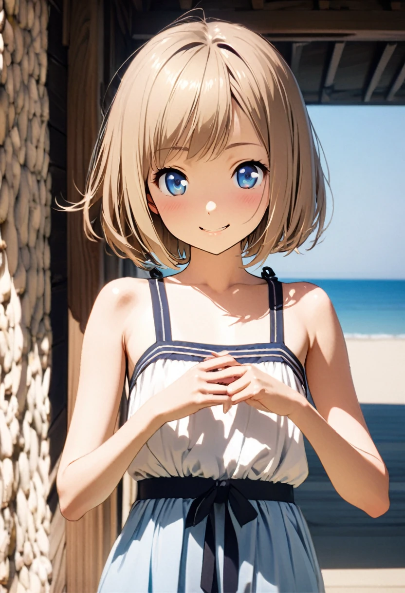 1 girl, 18yo, (flat chest: 1.5), blue eyes, light brown hair, bob cut, early summer outfit, smiling, posing, having fun, upper body, simple background, 8k, RAW photo, best quality, masterpiece, extremely detailed 8k wallpaper, ultra-detailed, best shadow, detailed background, beautiful detailed face, beautiful detailed eyes, nice hands, perfect hands