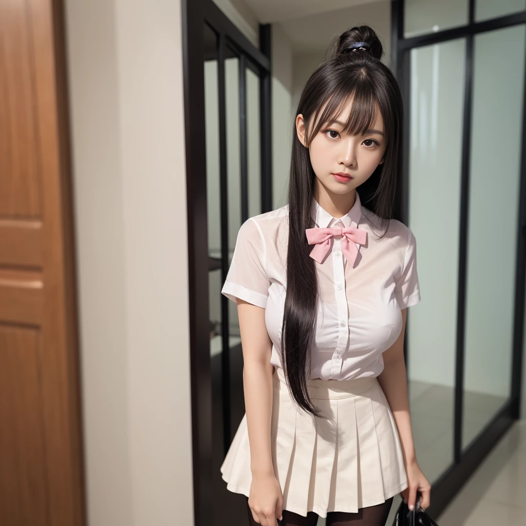 (Half),(Underwear visible),(8K、RAW photography、Top quality、masterpiece:1.2),charm,Fair skin,Watch the audience,Looking ahead,student,1 girl、Young and beautiful、18 years old、White skin,knee,((Black pantyhose)),Long hair、Black Hair、Ponytail、(extremely huge breast:4.0)、show forehead、masterpiece,Top quality、Ultra-high resolution、RAW,JK ,Standing,(Photorealistic:1.37)、Practical、Cute little face,Black socks、(Pink bow tie)、Physically Based Rendering、Depth of Field、Blurred background、photo,Body,, Long legs, Thin legs,,(White short-sleeved shirt), (Pink pleated skirt), knee可见,Transparent clothing,