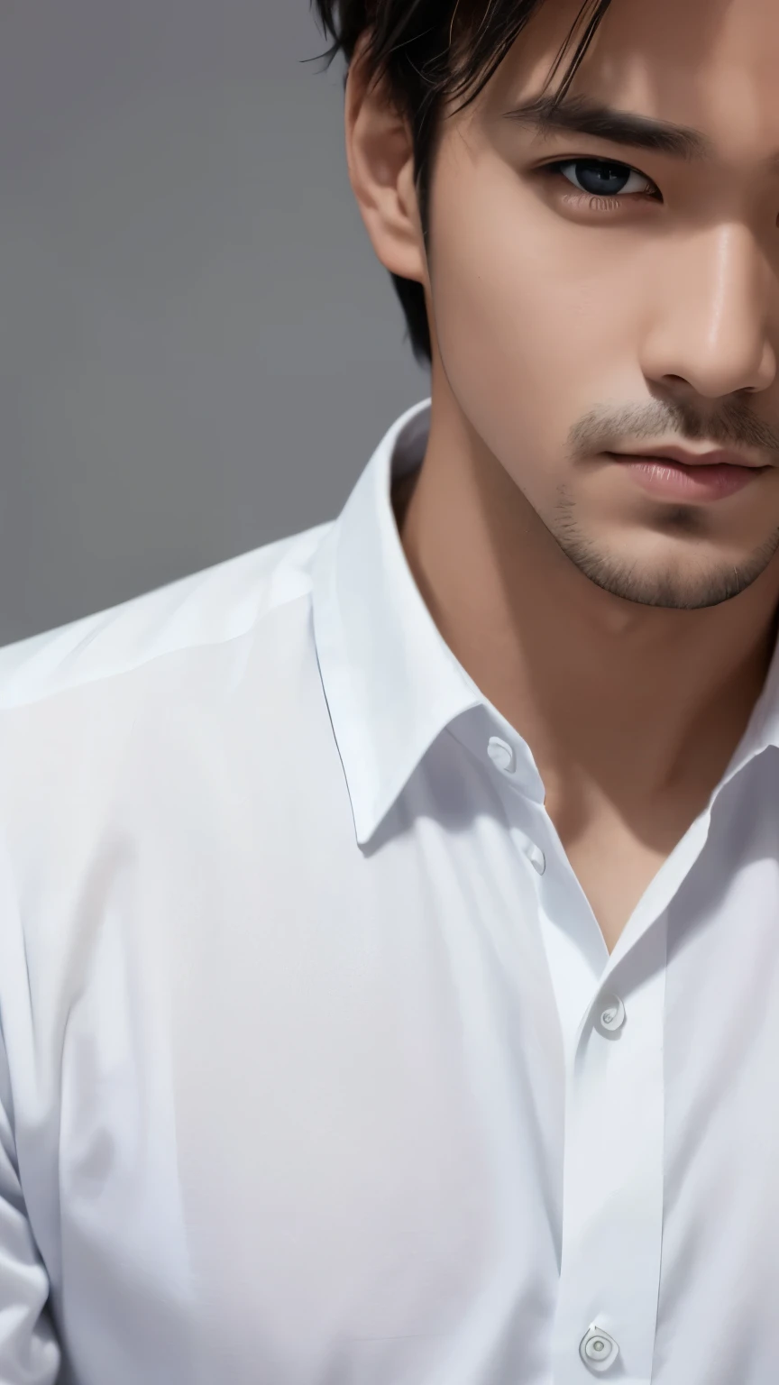 A man wearing a loose, crisp white shirt is looking straight into the camera, The background is a plain gray gradient, Close-up