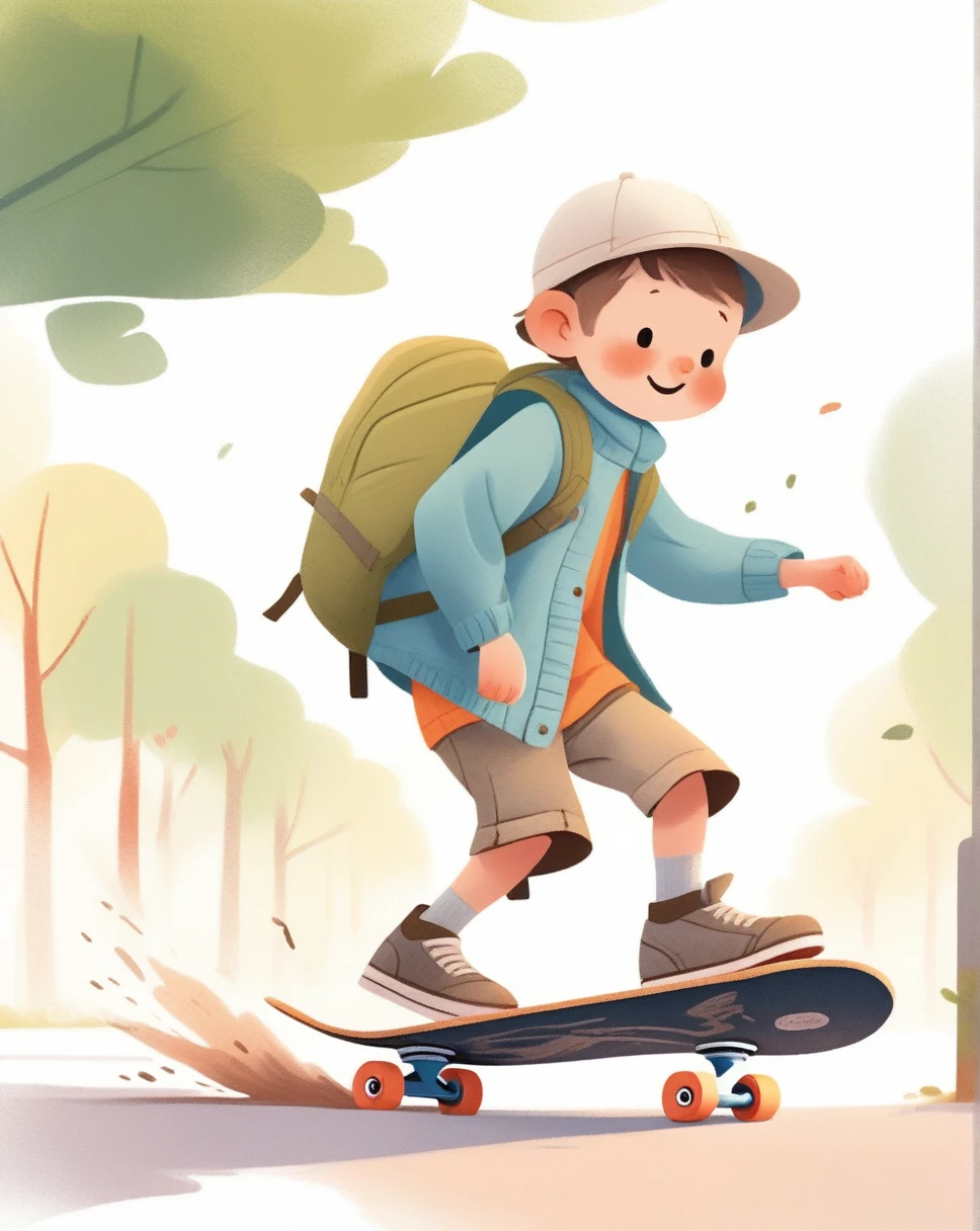 Children's picture book,Crayon Drawing,blush,White background,Simple background,Outgoing, Boys, Wear outdoor clothing, Wearing a hat, Skateboarding, Backpack, dirty, A peaceful place