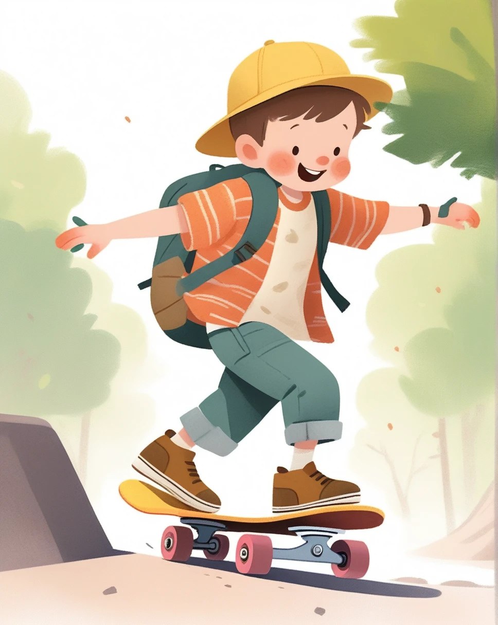 Children's picture book,Crayon Drawing,blush,White background,Simple background,Outgoing, Boys, Wear outdoor clothing, Wearing a hat, Skateboarding, Backpack, dirty, A peaceful place