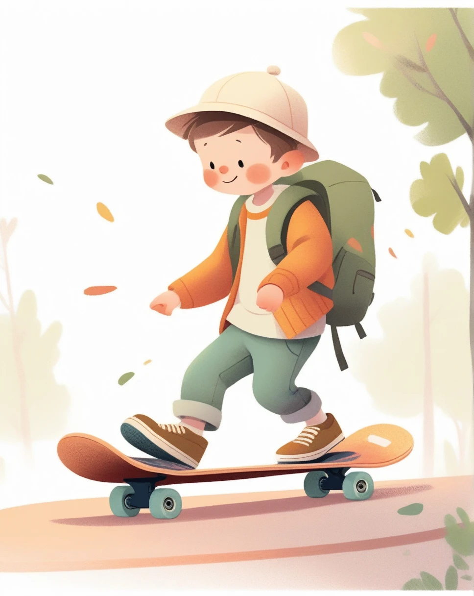 Children's picture book,Crayon Drawing,blush,White background,Simple background,Outgoing, Boys, Wear outdoor clothing, Wearing a hat, Skateboarding, Backpack, dirty, A peaceful place