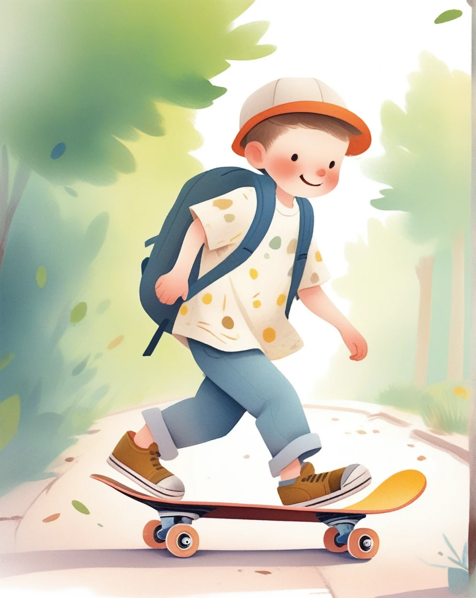 Children's picture book,Crayon Drawing,blush,White background,Simple background,Outgoing, Boys, Wear outdoor clothing, Wearing a hat, Skateboarding, Backpack, dirty, A peaceful place