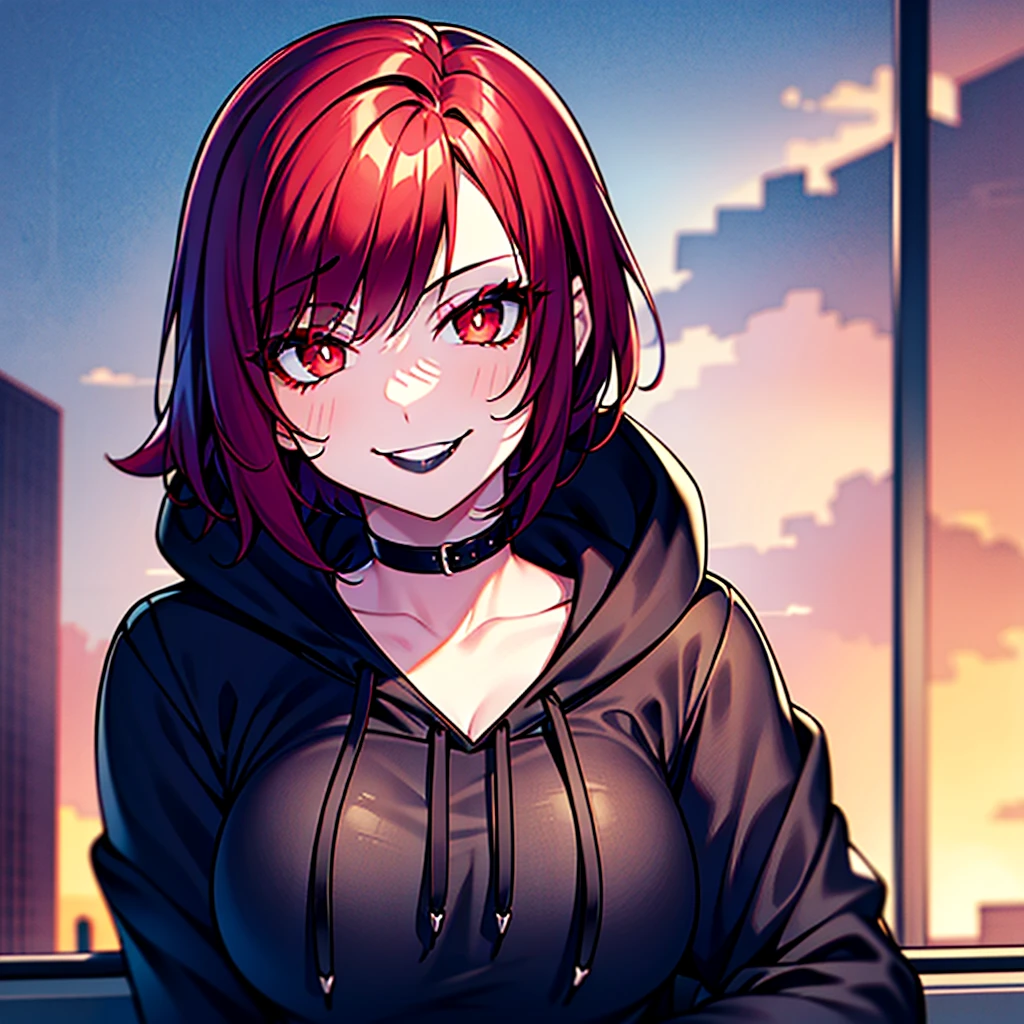 A 25 years old girl with, soft tanned skin, scarlet eyes with red pupils, short and messy red hair, short hair, red hair, scarlet hair, black and loose hoodie, soft but teasing smug smile with black lipstick, detailed lips, smug smile, black lipstick, black hoodie, loose hoodie, black lipstick on detailed lips, lipstick, black mate lipstick, sitting at the edge if a building, thunderstorm at the background, black lips