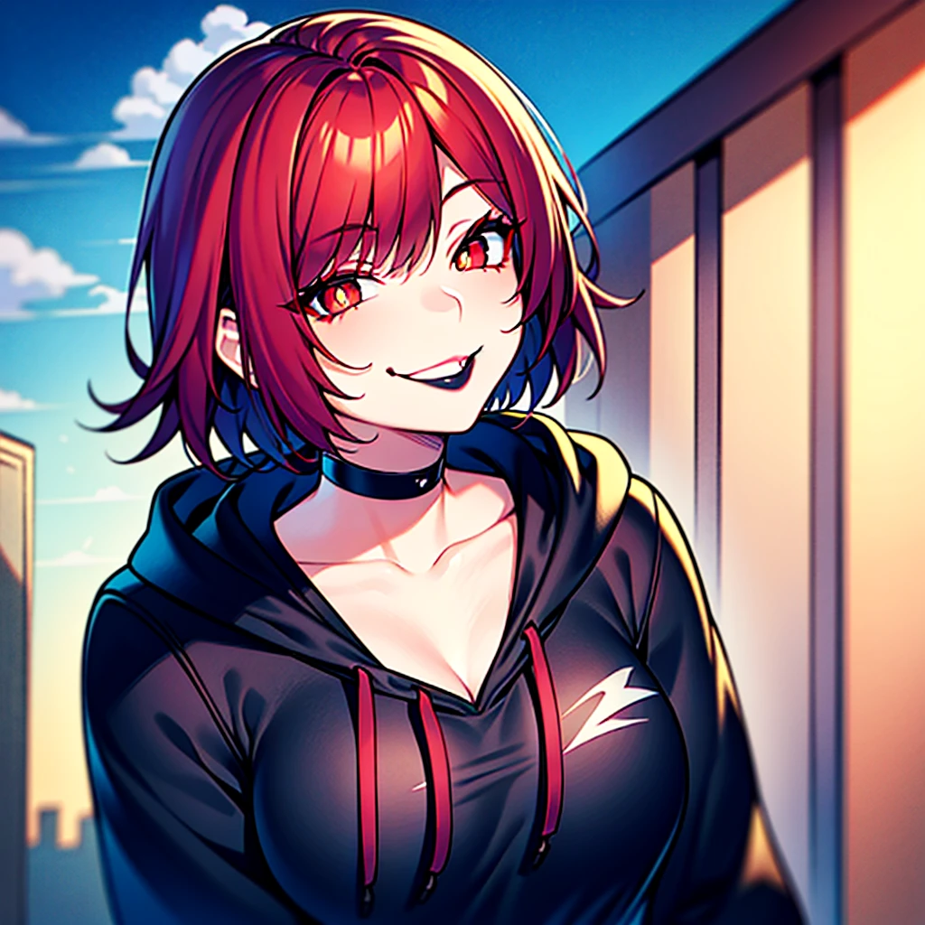 A 25 years old girl with, soft tanned skin, scarlet eyes with red pupils, short and messy red hair, short hair, red hair, scarlet hair, black and loose hoodie, soft but teasing smug smile with black lipstick, detailed lips, smug smile, black lipstick, black hoodie, loose hoodie, black lipstick on detailed lips, lipstick, black mate lipstick, sitting at the edge if a building, thunderstorm at the background, black lips