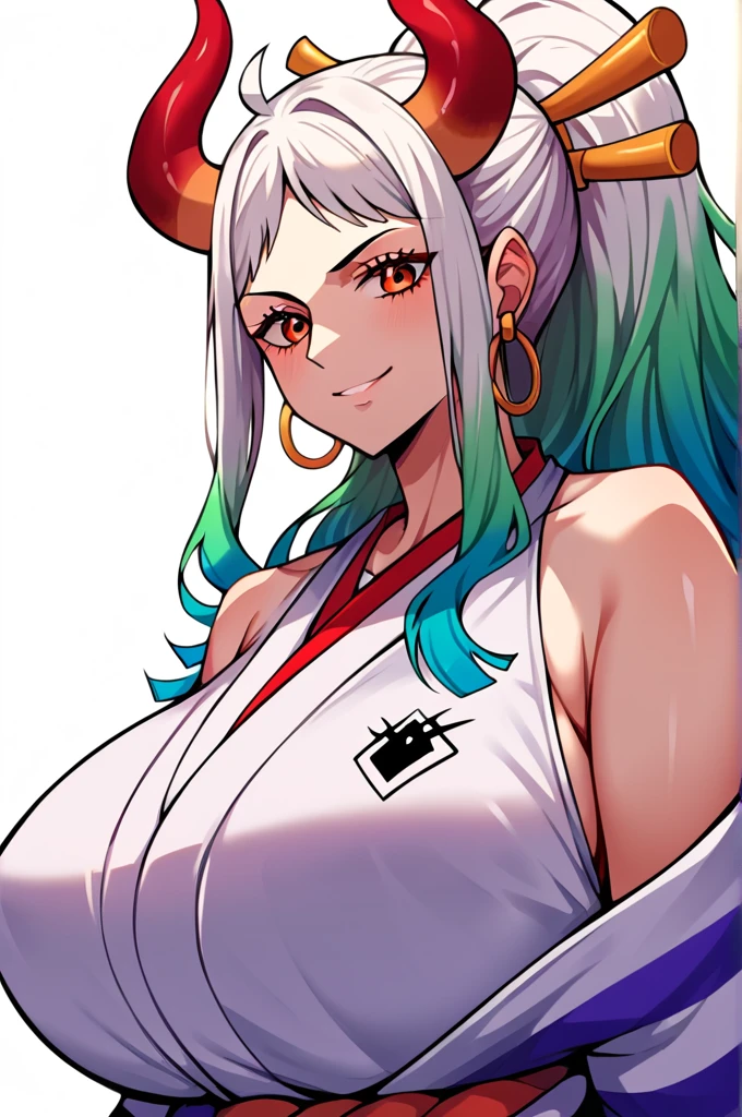 score_9,score_8_superior,score_7_superior,score_6_superior, yamato \(one piece\), One girl, alone, kimono, Multicolored Hair, jewelry, Earrings, No sleeve kimono, hair ornaments, kimono, Wrapping angle, Long Hair, They are, superiorper body, smile, rope, Huge breasts,huge ,Her nipples are peeking out from the gaps in her clothes, Hairpin, No sleeve,Shimenawa, White Background, Mouth closed, hoop Earrings, Bare shoulders, Simple Background, ponytail
