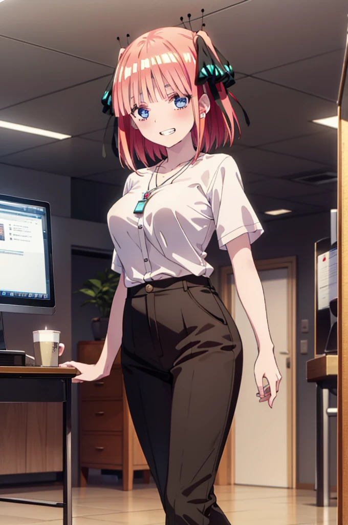 I was silent, Nakano Nino, Short Hair, bangs, blue eyes, hair ornaments, Hair Ribbon, Pink Hair, blunt bangs, Both sides up, Big Breasts,butterfly hair ornaments,Grin,White Y-shirt,Short sleeve,Heart Necklace,slacks,Stiletto heels,Walking,There is a computer on the table,whole bodyがイラストに入るように,Daytime,Clear skies,
break indoors, office,
break looking at viewer,whole body,
break (masterpiece:1.2), Highest quality, High resolution, unity 8k wallpaper, (figure:0.8), (Beautiful attention to detail:1.6), Highly detailed face, Perfect lighting, Highly detailed CG, (Perfect hands, Perfect Anatomy),