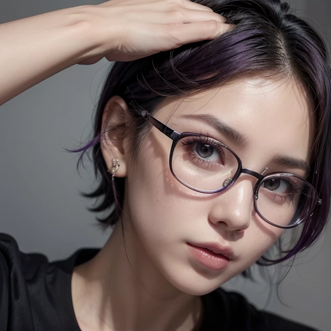 Woman, short purple hair, sidecut, wearing glasses, piercing on the lips, black shirt