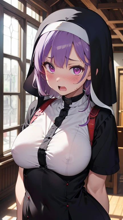 mastute piece,Best Quality,insanely detailed,8k cg,nsfw,
(shoot upper body:1.3),
(1girls:1.3),standing,looking at viewr,body in front,both arms behind back,(nun uniform:1.3),
break,
blush,shy,(ecstasy face),(trembling:1.2),break,(light purple hair),
break,
perfect breasts,perfect teats,(open mouth:0.9),(large breasts:1.3),
(church)、