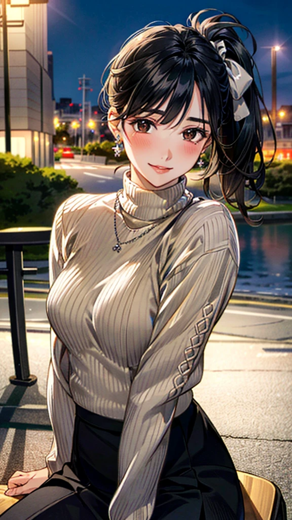 (masterpiece:1.3, Highest quality, Ultra-high resolution, Super detailed), (Realistic, photoRealistic:1.4), Beautiful illustrations, Perfect lighting, colorful, Depth of written boundary, Beautiful detailed hair, Beautifully detailed face, Beautiful fine details, Droopy eyes、Beautiful clavicle, Beautiful body, 美しいLarge Breasts, Beautiful thighs, Beautiful feet, Beautiful fingers, View Viewer、Front view:0.6, Beauty1人, Japanese, Beauty、30 years old, Perfect Face, (Perfect Anatomy, Anatomically correct), Cute and symmetrical face, Baby Face, , Shiny skin, (Khaki cable knit turtleneck sweater:1.4) 、(Skirt 1.2),(Black Hair, Side Ponytail:1.4), braided bangs、Dark brown eyes, Large Breasts, Slim body, necklace, Small earrings:1.1, (Beautiful views), (night), (city, cityscape in the distance), Riverside、Sitting on a bench, A soft smile、(Smile, Lips parted),