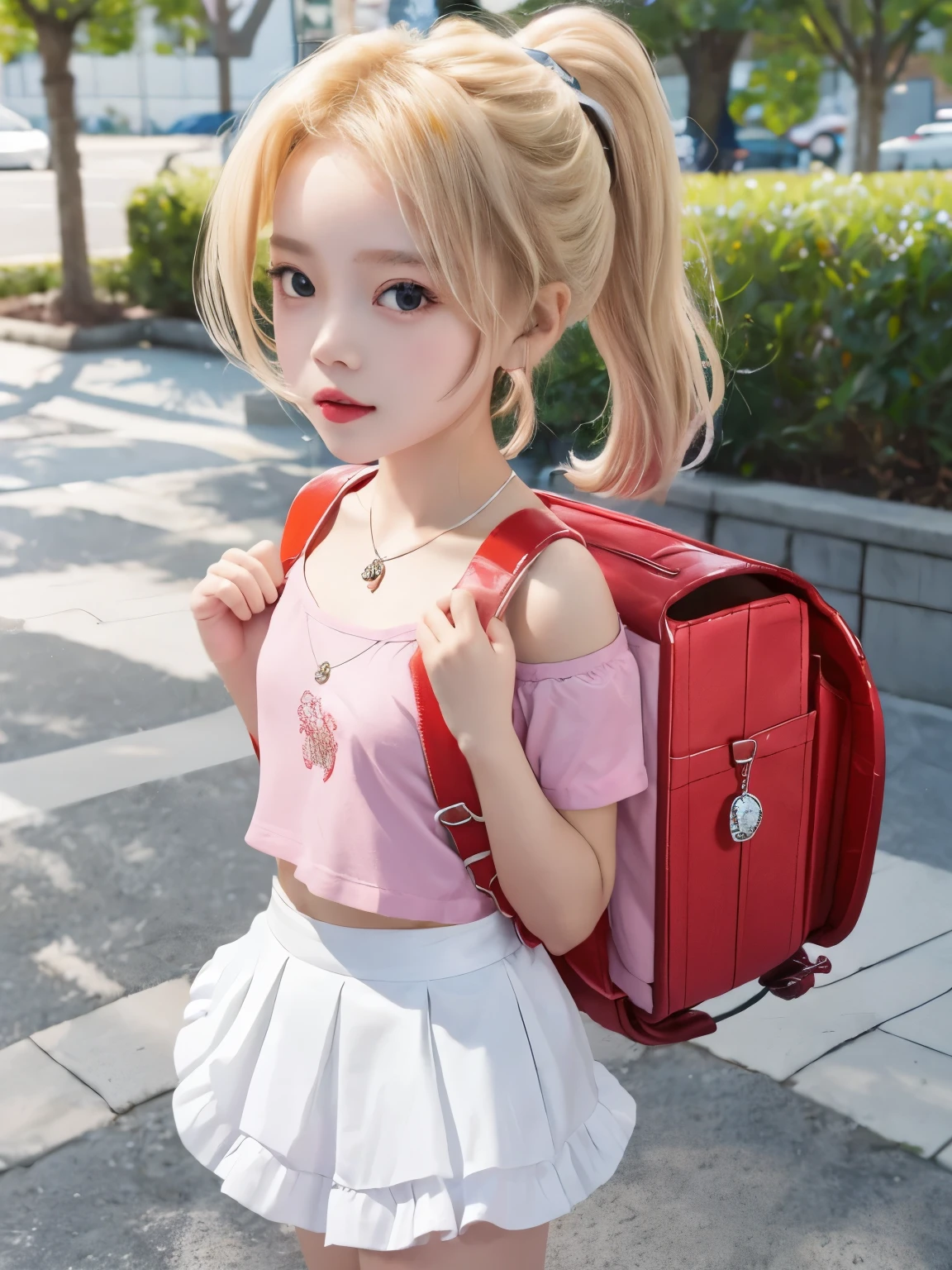 masterpiece, best quality, realistic, high school girl, 17 y.o, highres, 1girl, blonde hair, medium hair,hair clip, white skirt, pink shirt, hair ribbon, jewelry, ponytail, necklace, collarbone, bare shoulders, diamond earrings, short sleeves, outdoors, standing, wearing backpack, (backpack:1.2), more detailed 