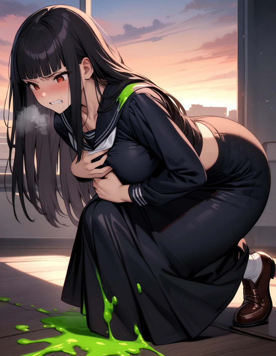 (masterpiece,best quality,very aesthetic),(ultra-detailed),nsfw,(atlach-nacha,degenerate),1girl,20yo,Statuesque,curvy,tall,long hair, black hair,straight hair,(blunt bangs),beautiful red eyes,clenching teeth,sentimental,Abdominal injury,look down on with disdain,black serafuku in winter,long sleeves,(long skirt),white ribbon tie,torn clothes,(Green blood coming from side,Green blood coming from shoulder),painful,heavy breathing,holding own chest with right arm,classroom,standing,on one knee,leaning forward,dusk sky,leather shoes,The setting sun is shining in the classroom,debris,solo,looking down,cowboy shot