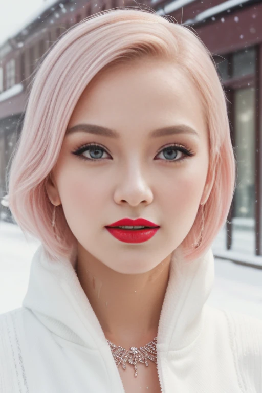 1 girl, Korean model, extremely beautiful, perfect body. Photo taken with Canon EOS R5 85mm f/11 Camera, ((sharp)) mode of people and surrounding scenery. Image quality ((8K)), ((lifelike)), ((masterpiece)), ((sharp and highest contrast)), ((great depth of field)), ((light stereolithography)). ((Cosplay pink hair)), long and smooth, the wind blows it beautifully under the bright sunlight. Beautiful face, perfect and sexy, holy, perfectly balanced, ((beautiful in every detail)), ((shiny)), ((high-end cosmetic makeup)), ((shiny bright, radiant)). Bright smile, pure white teeth and details. Seductive glossy red lips, ((brilliant glossy red lipstick)). The eyes are brown, glossy, seductive, ((sharp makeup)), realistic, ((wet eyes)) and detailed. Pink eyeshadow, long eyelashes, blush, high-end cosmetics. Two delicate eyelids, perfectly beautiful and detailed, black eyelashes. Eyebrows are curved, sparse, sharp and detailed. High and detailed nose. Cheeks are prominent and detailed. ((Ivory white, bright white skin)), detailed pores, ((shiny skin)), smooth, rosy, flawless skin texture. Long, shiny legs. Beautiful, perfect hands, ((no flaws)). ((Light shines directly on the face)), bright sunlight, ((shines light on the front part of the girl's body)). Wear earrings, necklaces, belts, ((shirts)), ((office dresses)), high heels, bracelets. Close-up photo of Girl on a deserted street, ((white snow)), cold wind, frost, bitter cold, numbness, ((frozen)), snowflakes, lonely, magical, dreamy, wait, ((hope)), ((mystical)).