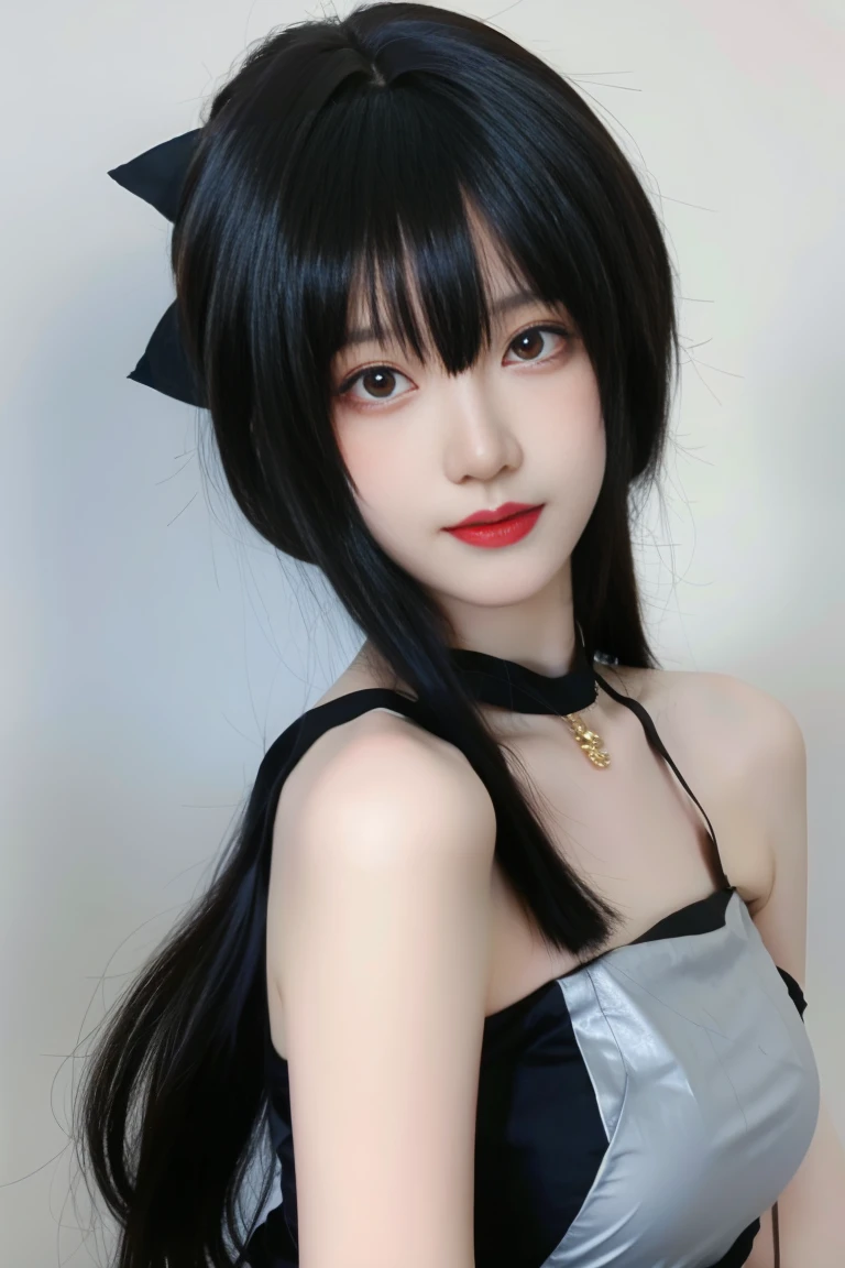 best quality, tmasterpiece,Ultra-high resolution,Clear face,(Reality:1.4),ferpect lighting,(upper body shot:1.5), (photorealistic:1.50), anime wallpaper, Guviz style artwork, cover-up fantasy up to magic , by Yang J, Guviz, beautiful artwork illustration, beautiful digital artwork, beautiful digital illustration, Li Song, beautiful anime portrait, art style in Beauvot,1girl, solo, long hair, blonde hair, Ponytail hair, Hair ribbon, Red ribbon, Bangs, hair ornament, (black dress:1.3), short dress, Thigh, standing,