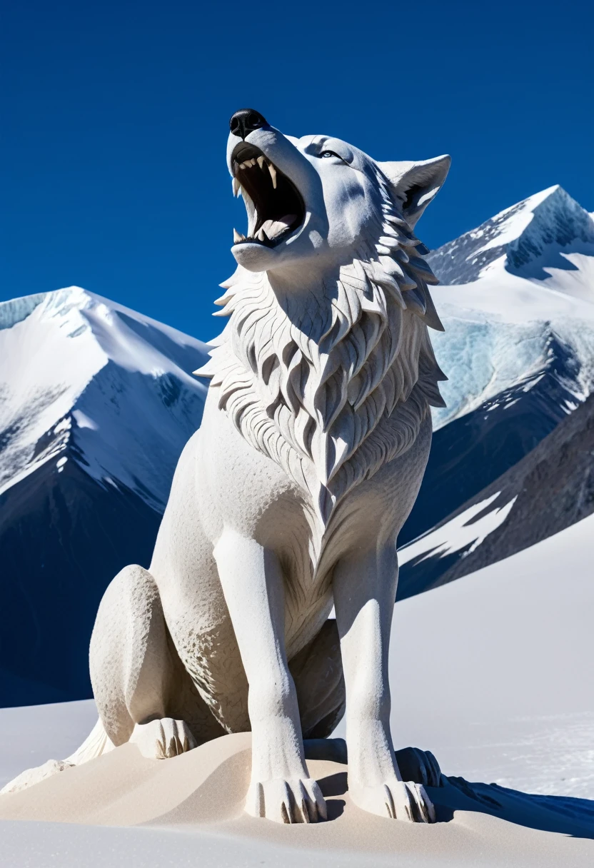 Sand sculpture style,  The glacier wolf howled on the top of the snowy mountain，Hair as white as ice and snow，There&#39;s a cold blue light in his eyes，Its figure cast a huge shadow on the snow，Strong sense of déjà vu 。