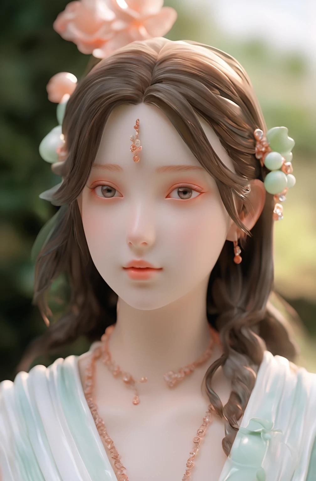 Sculpture out, realism：1 girl, Hair accessories, close up,  Pure white skin, Movie Lighting, Celadon